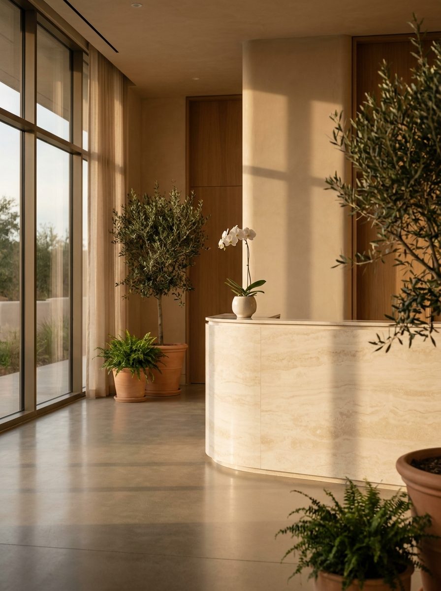 A quiet, premium med spa reception desk after closing time